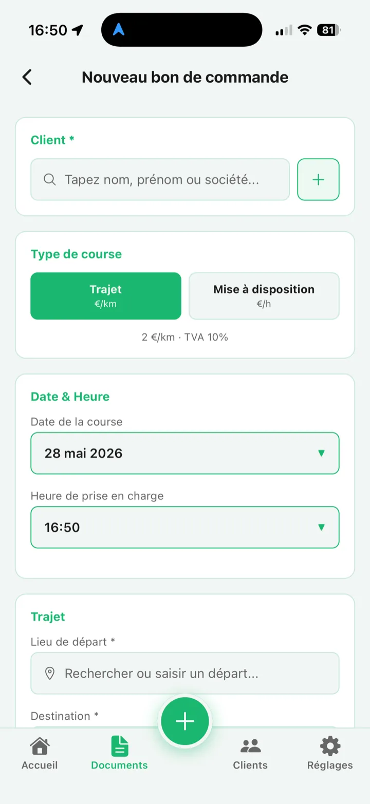 Création d'un bon de commande VTC dans DrivePal