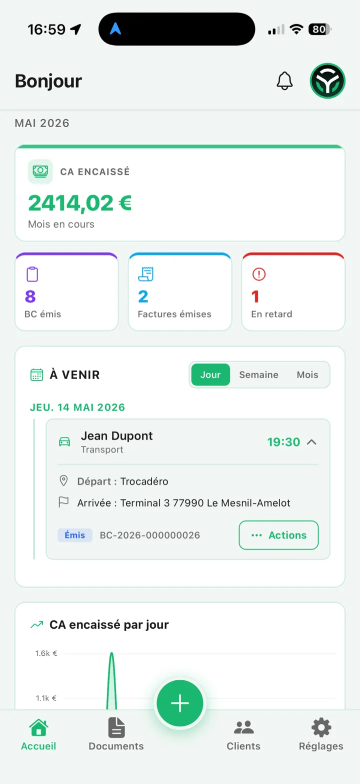Tableau de bord DrivePal avec chiffre d'affaires et courses à venir