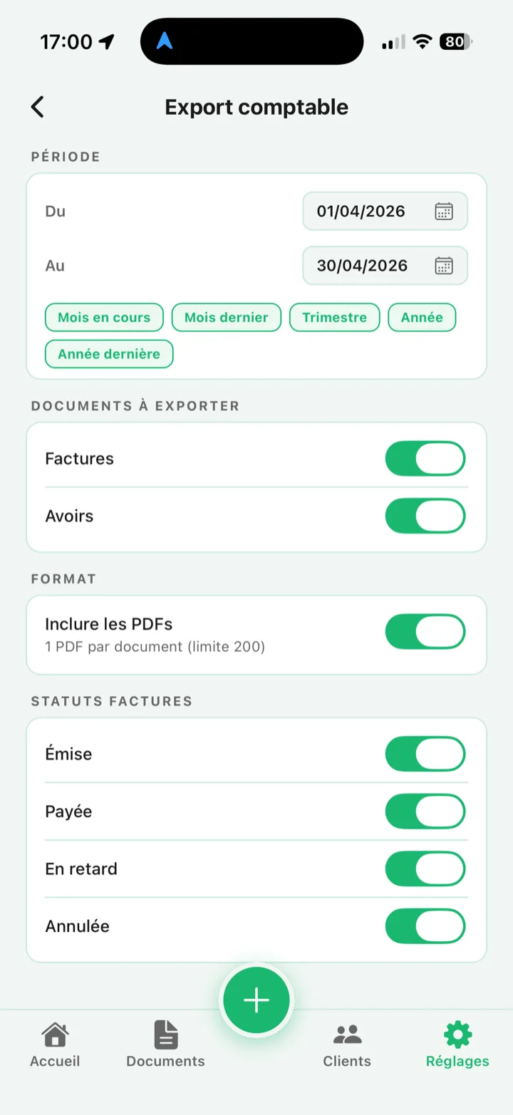 Écran d'export comptable PDF et CSV