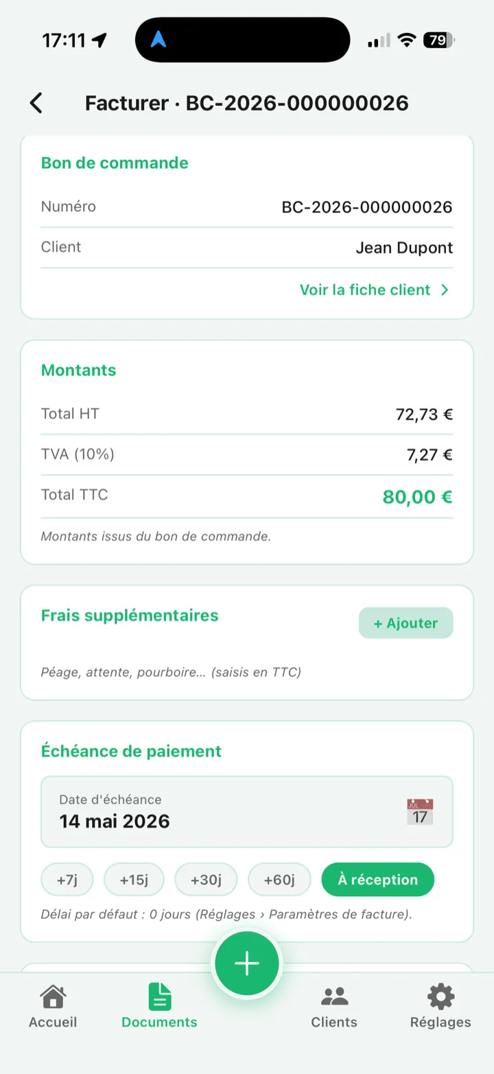 Transformation d'un bon de commande en facture conforme