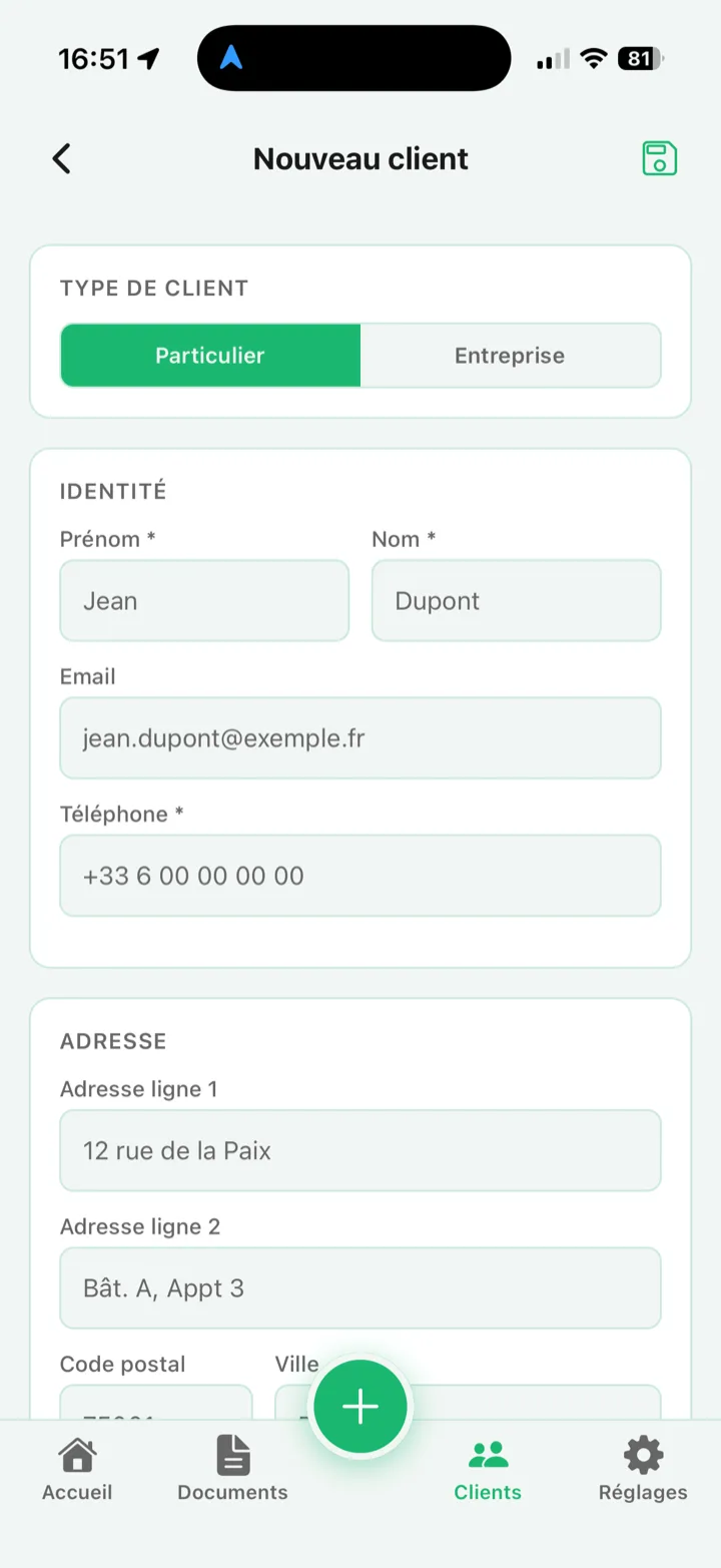 Fiche de création d'un client dans DrivePal