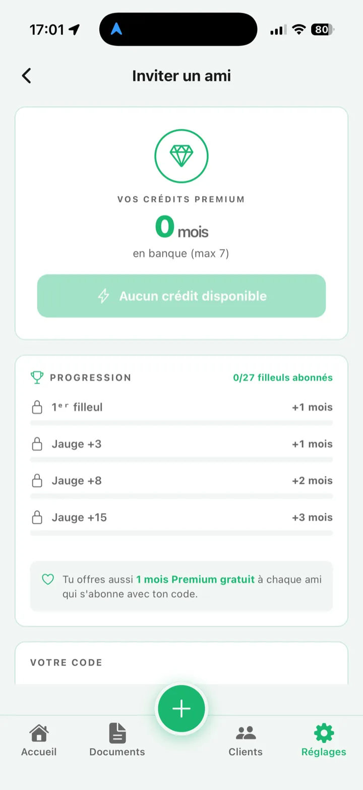 Écran de parrainage avec progression des mois Premium