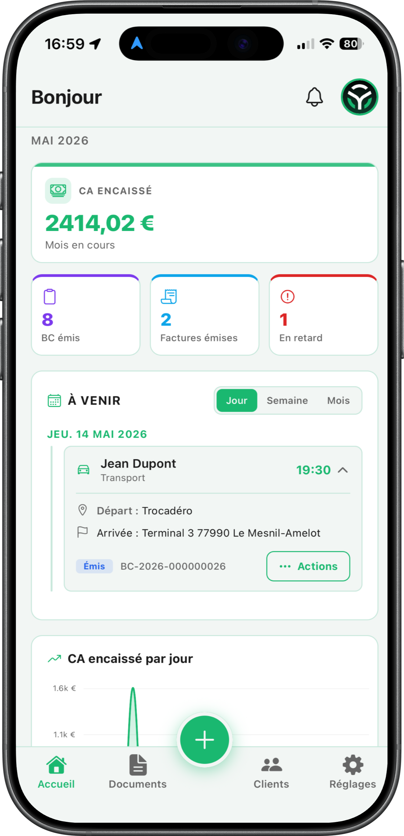 Dashboard DrivePal, vue d'ensemble du chauffeur VTC